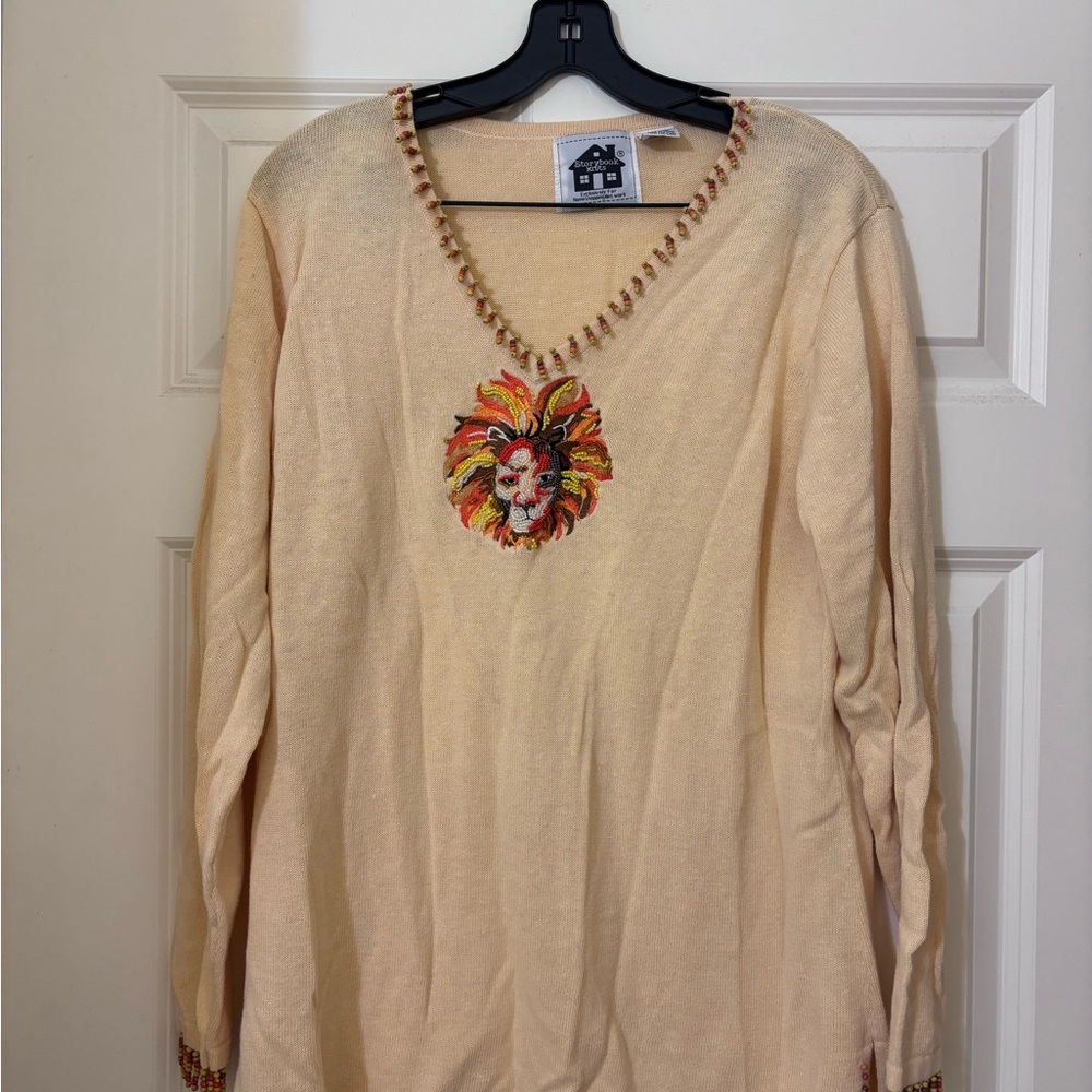 Storybook Knits Cream Long Sleeve Top with Lion Embroidery